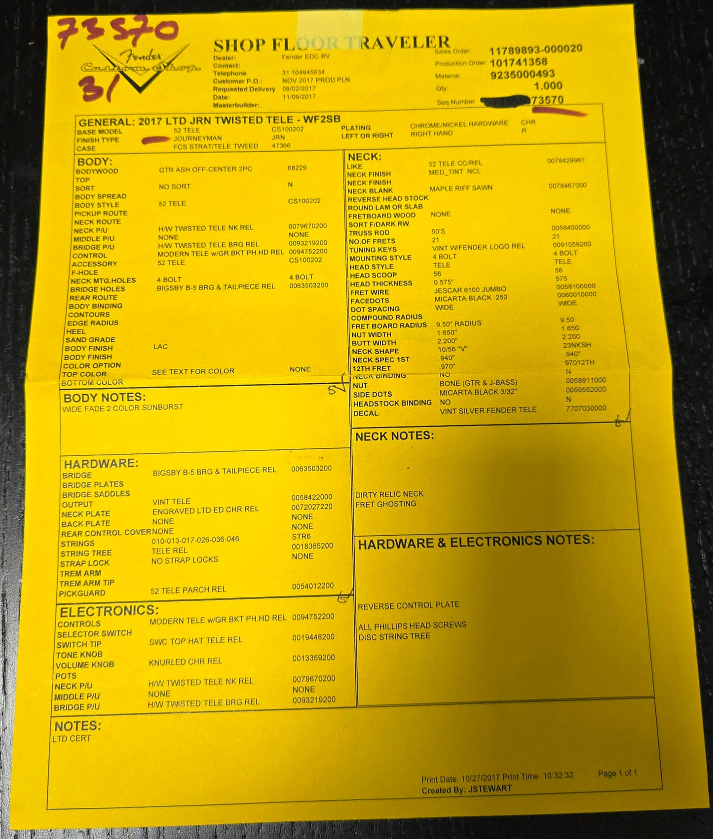 Fender Custom Shop Limited Edition Twisted Telecaster Journeyman Relic 2017 - Wide Fade 2 Colour Sunburst