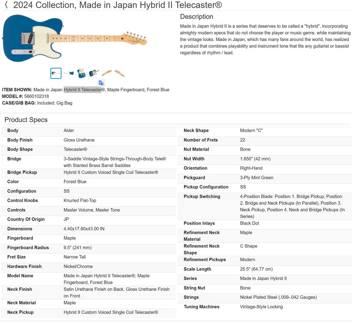 Fender MIJ Hybrid II Telecaster with Maple Fretboard 2021 - Forest Blue