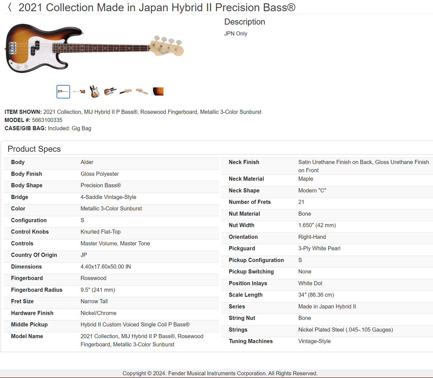 Fender MIJ Hybrid II Precision Bass with Rosewood Fretboard 2021 - Metallic 3-Color Sunburst