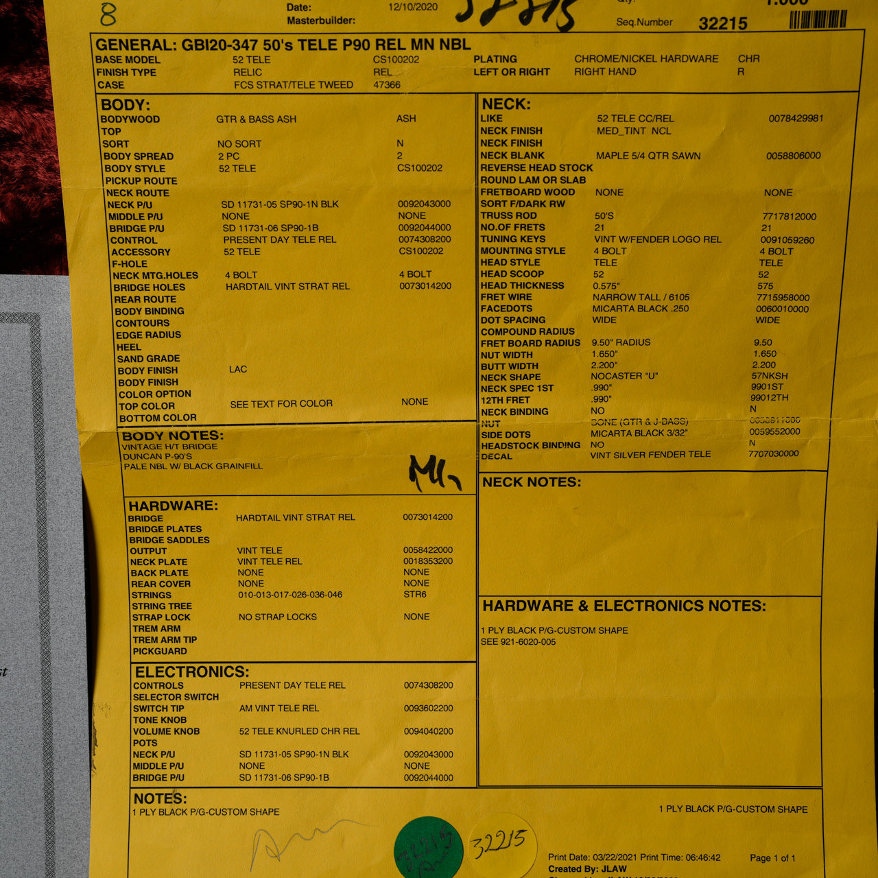 Fender Custom Shop 50's Telecaster P90 Relic 2021 - Pale Nocaster Blonde with Black Grainfill