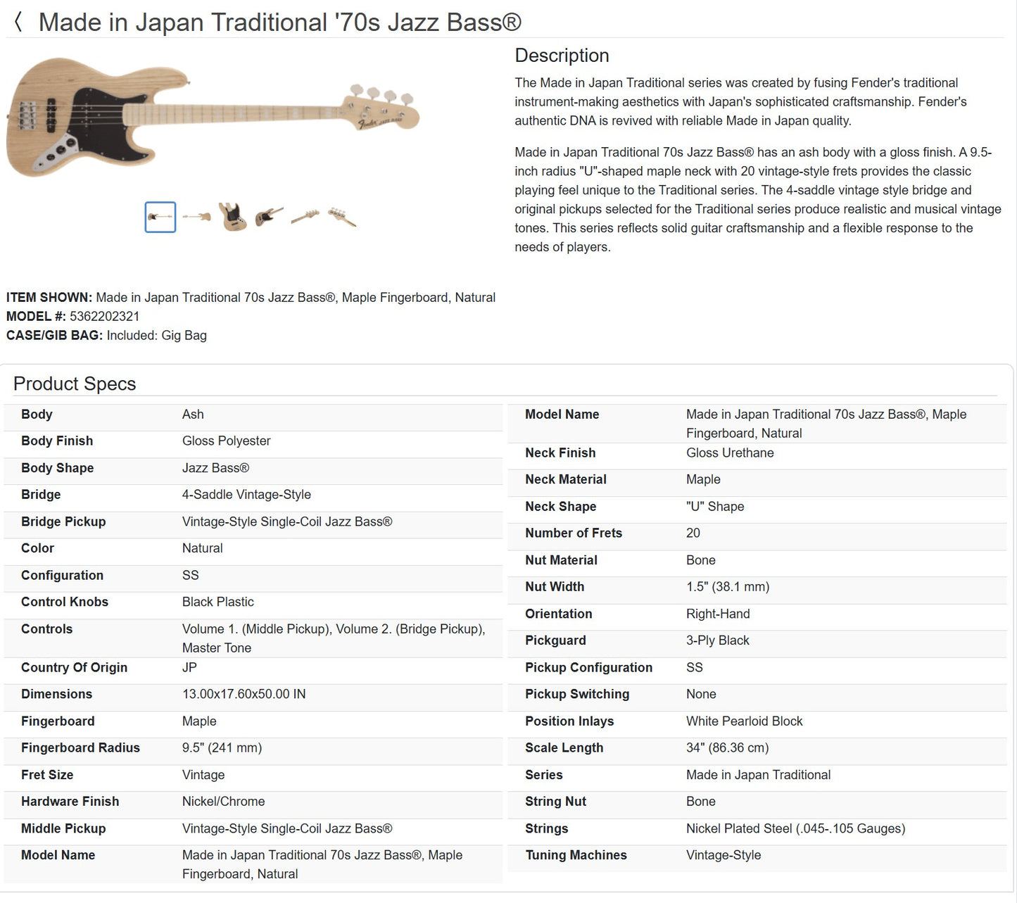 Fender MIJ Traditional II '70s Jazz Bass 2022 - Natural