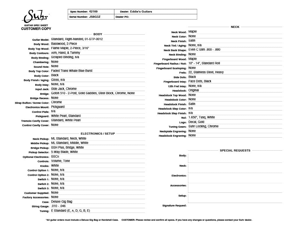 Suhr Standard Plus - Faded Trans Whale Blue Burst