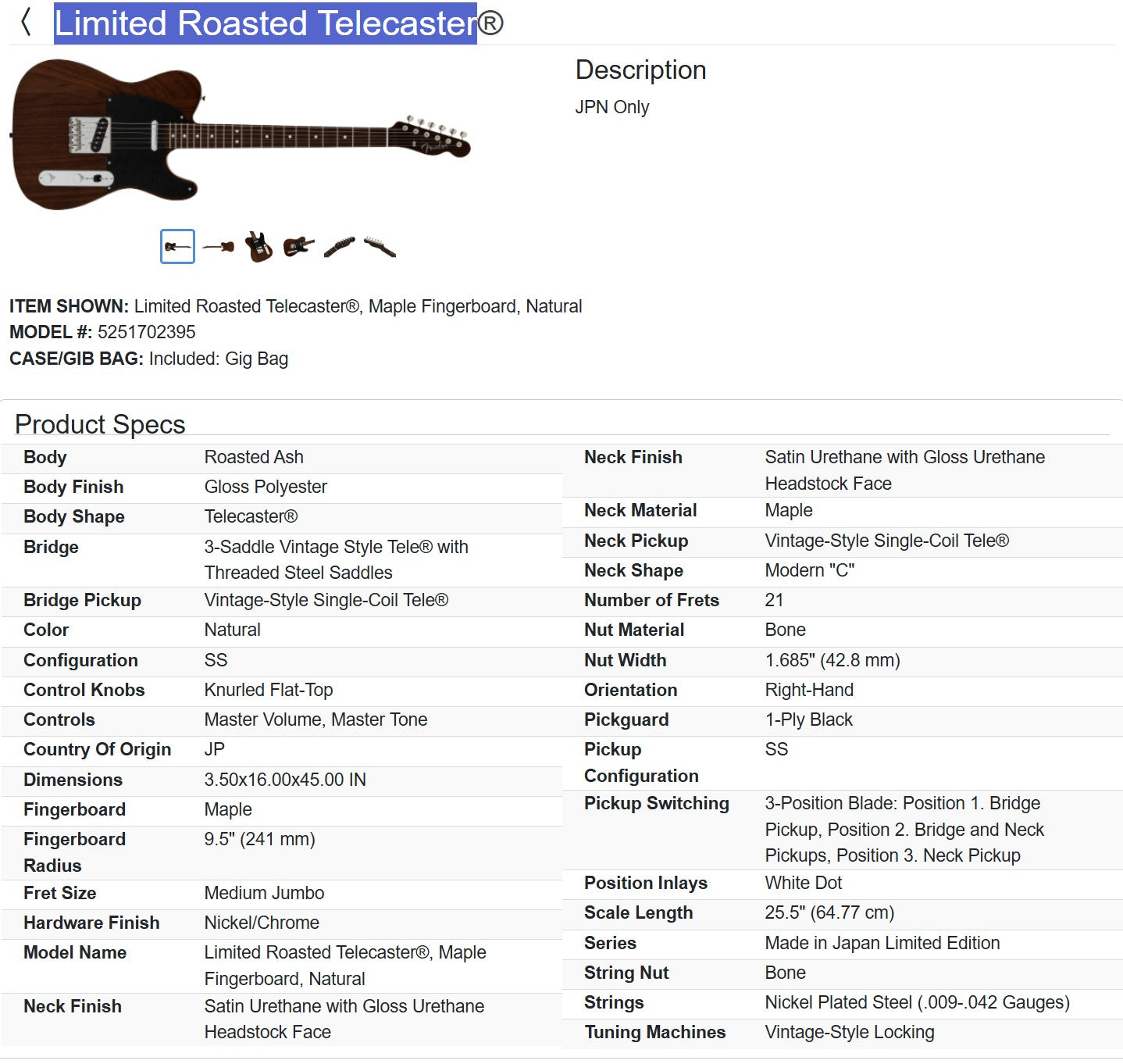 Fender Limited Roasted Telecaster 2019 - Natural