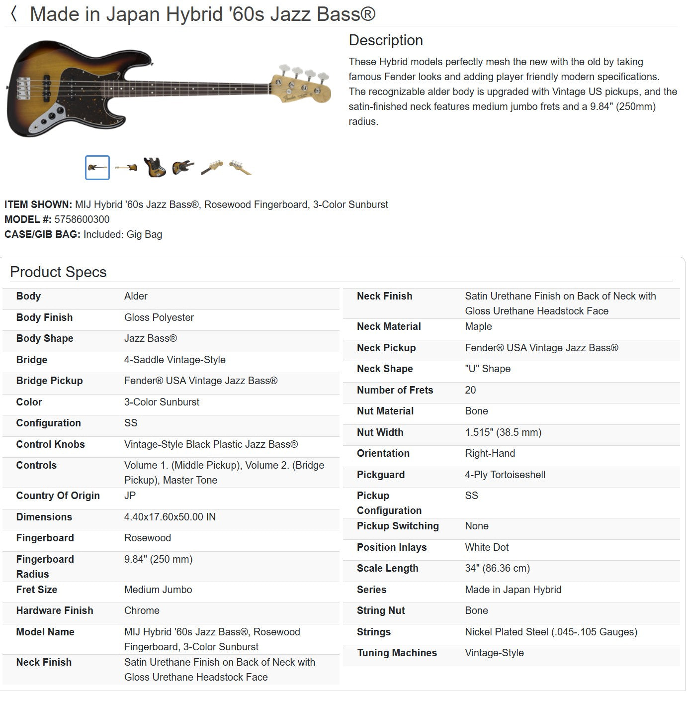 Fender MIJ Hybrid '60s Jazz Bass 2017 - 3-Color Sunburst