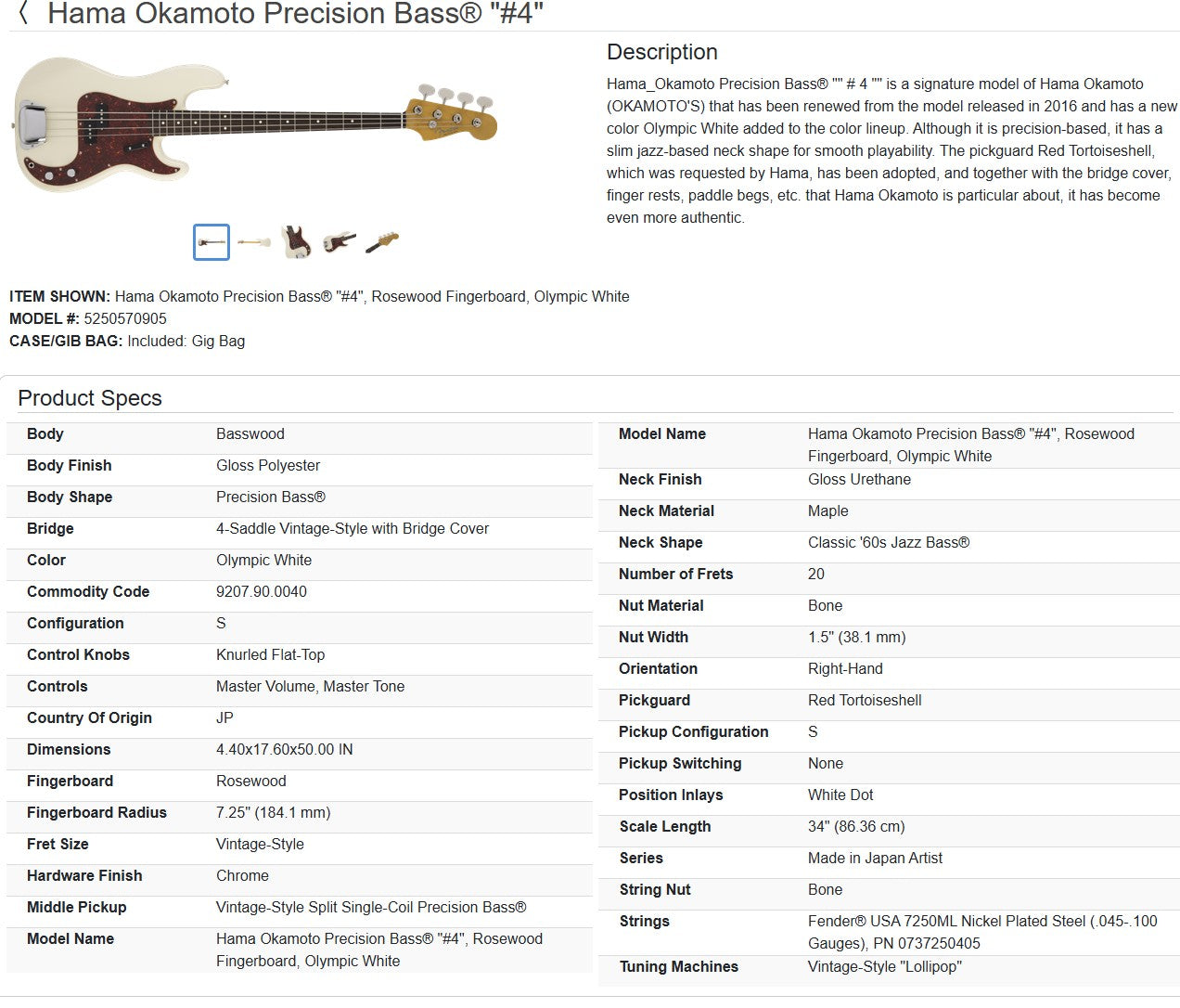 Fender Hama Okamoto Signature Precision Bass 2022 - Olympic White