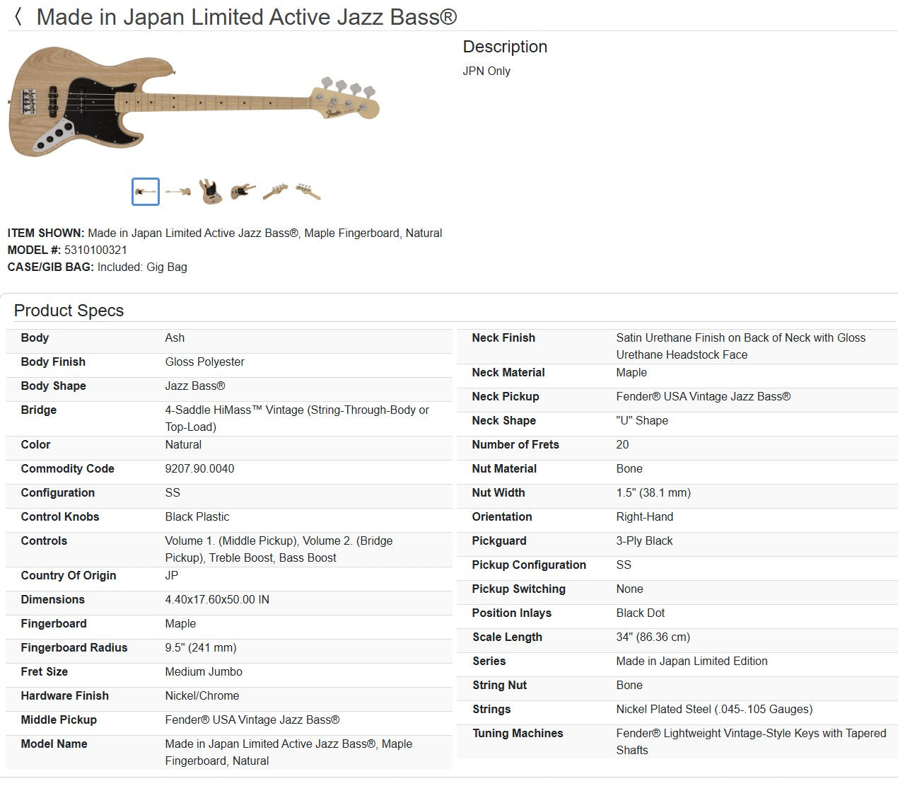 Fender MIJ Limited Active Jazz Bass 2020 - Natural