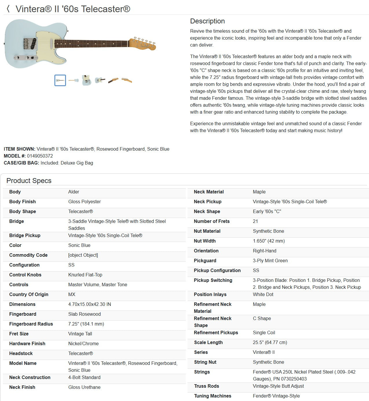 Fender Vintera II '60s Telecaster with Rosewood Fretboard 2023 - Sonic Blue