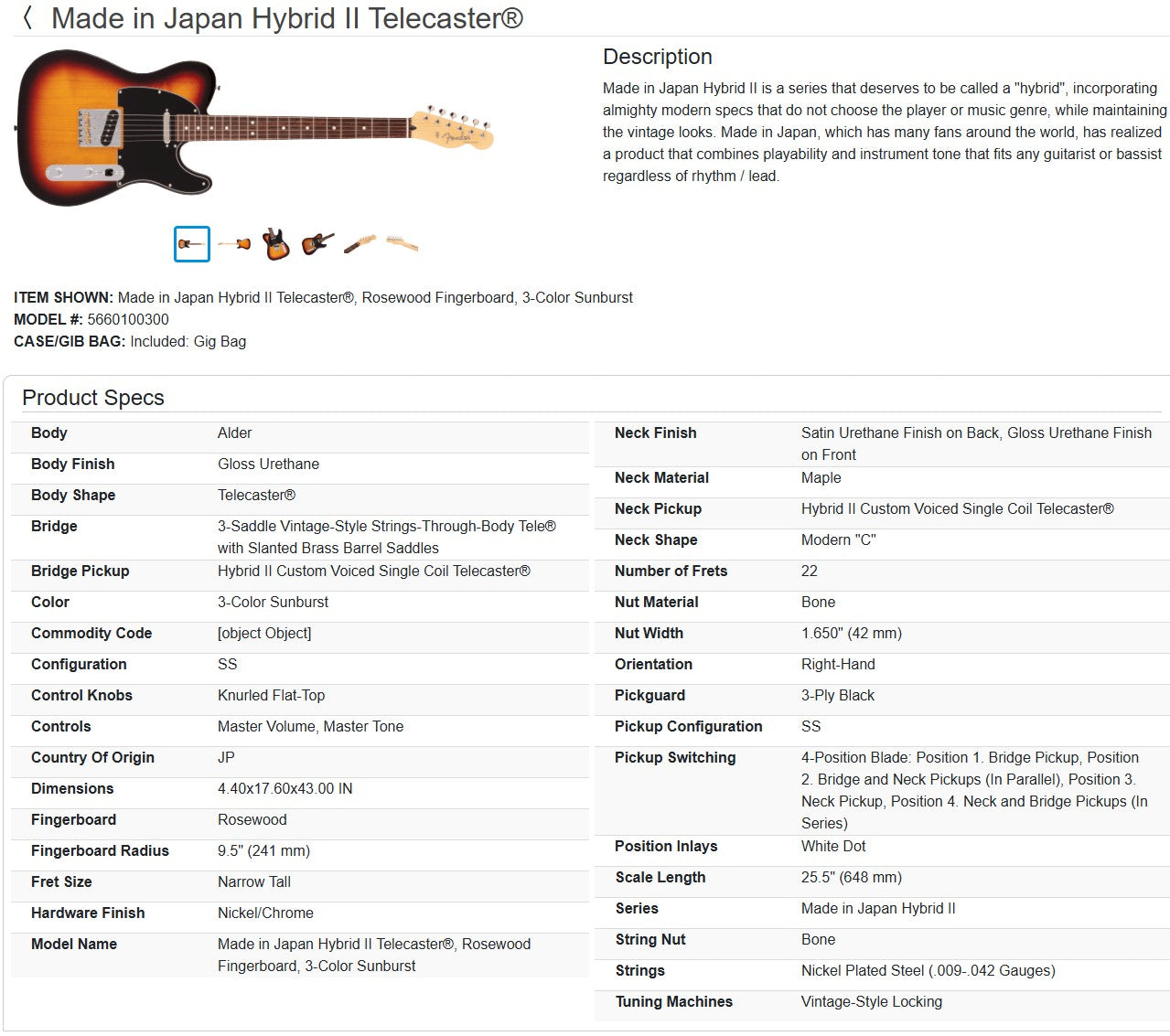 Fender MIJ Hybrid II Telecaster with Rosewood Fretboard 2024 - 3-Color Sunburst