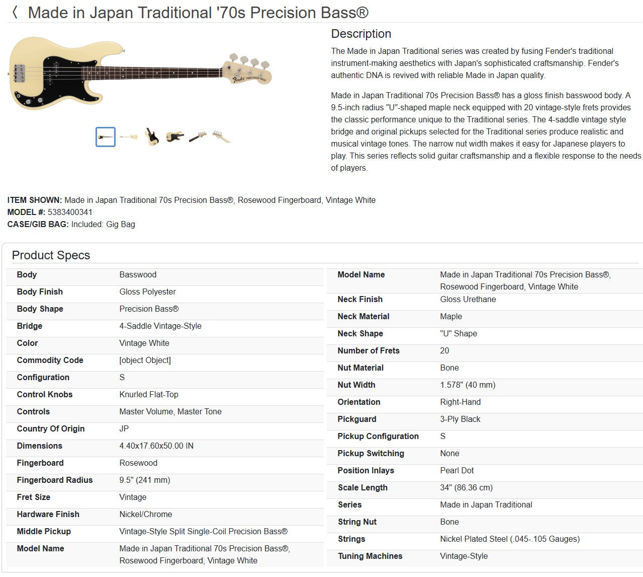 Fender Traditional '70s Precision Bass 2025 - Vintage White