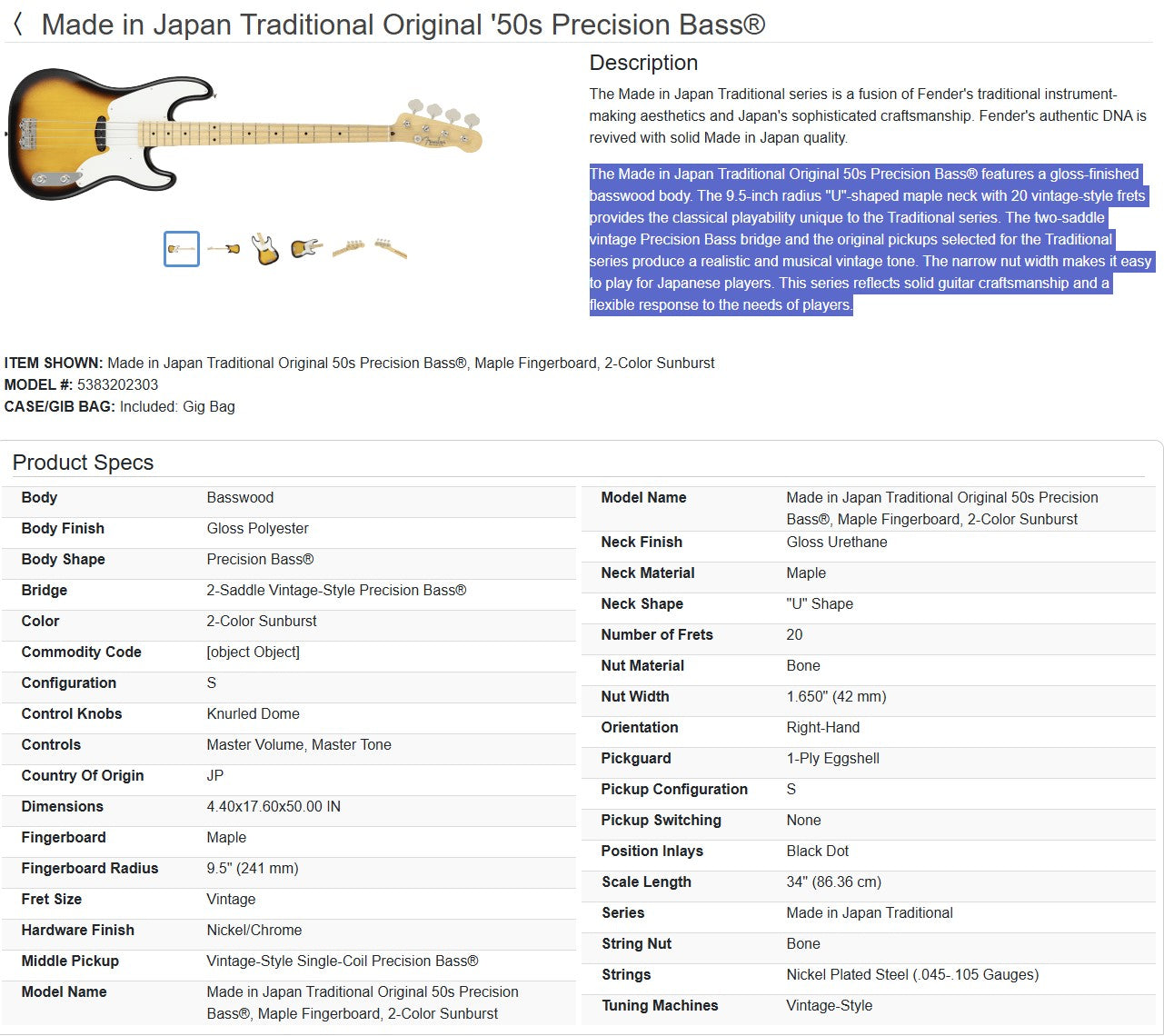 Fender Traditional Original '50s Precision Bass 2025 - 2-Color Sunburst