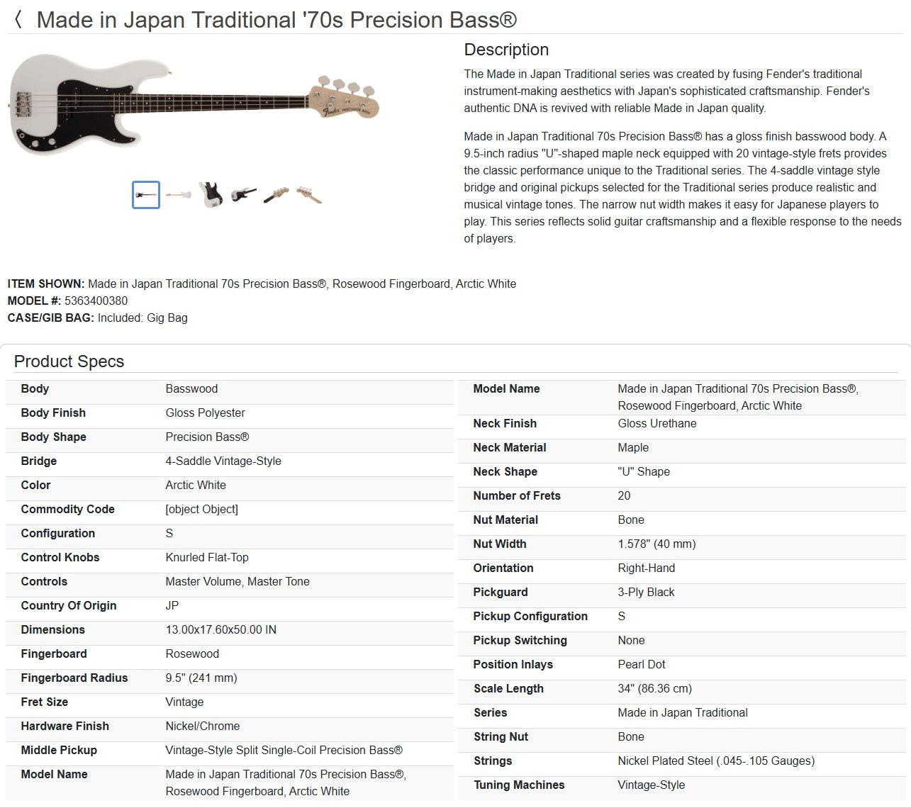 Fender MIJ Traditional '70s Precision Bass 2025 - Arctic White