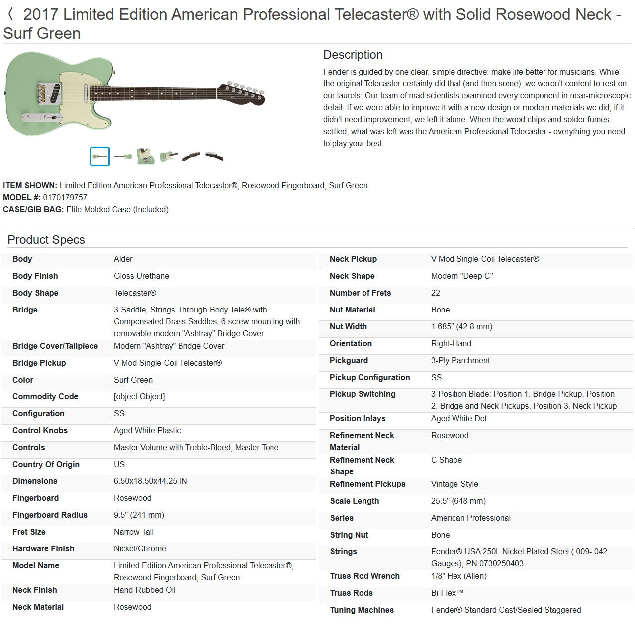 Fender Limited Edition American Professional Telecaster with Rosewood Neck 2017 - Surf Green