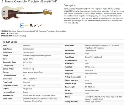 Fender Hama Okamoto Signature Precision Bass 2022 - Olympic White