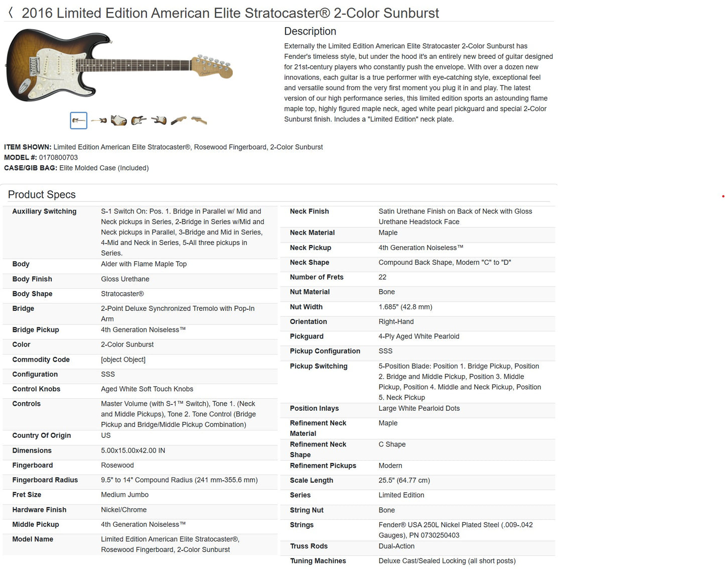 Fender Magnificent Seven American Elite Stratocaster - 2016 - 2-Colour Sunburst