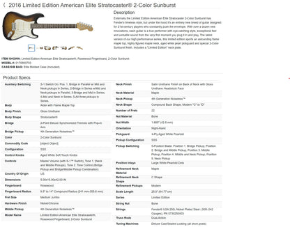 Fender Magnificent Seven American Elite Stratocaster - 2016 - 2-Colour Sunburst