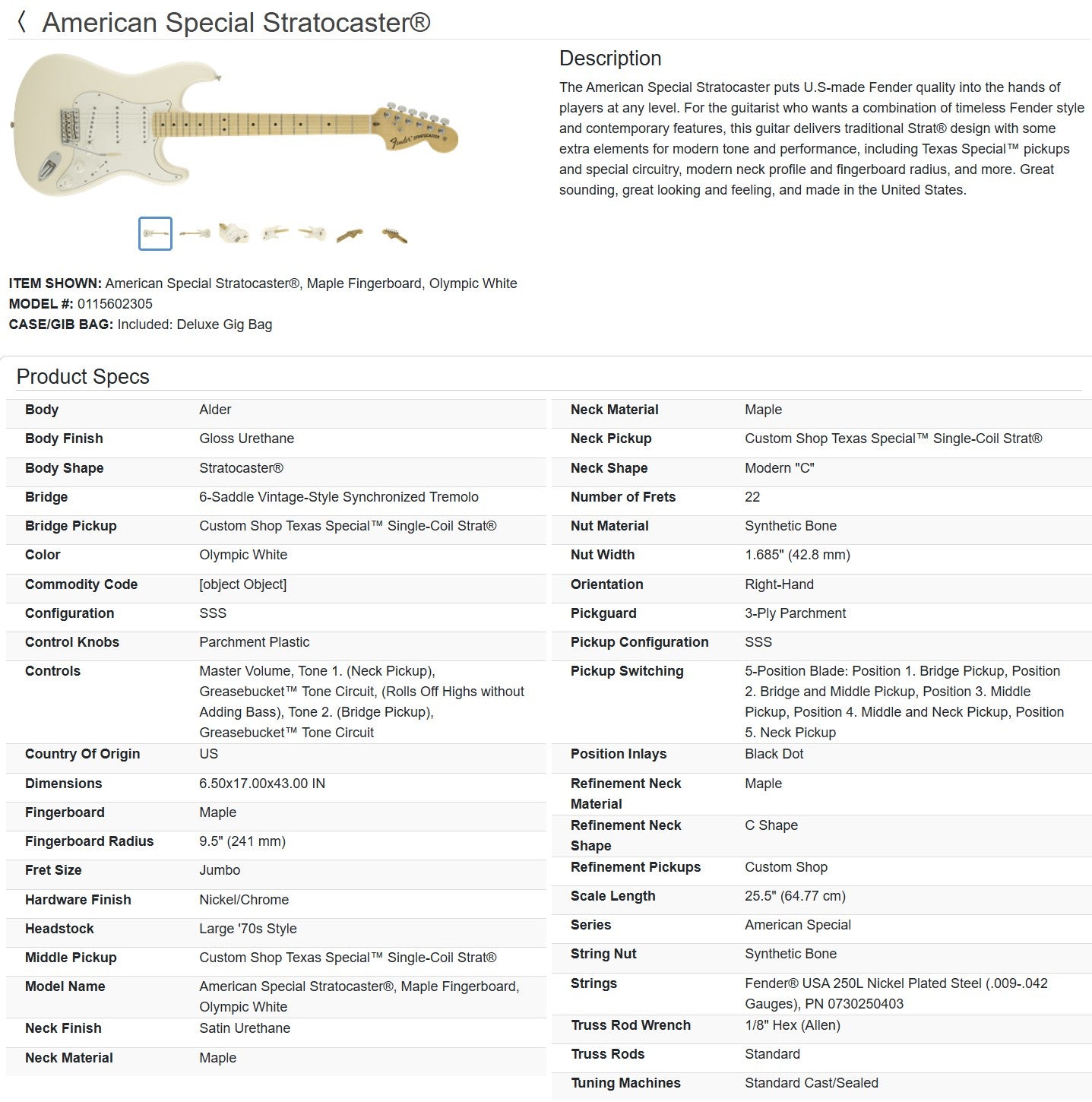 Fender American Special Stratocaster with Maple Fretboard 2017 - Olympic White