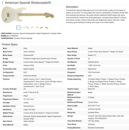 Fender American Special Stratocaster with Maple Fretboard 2017 - Olympic White