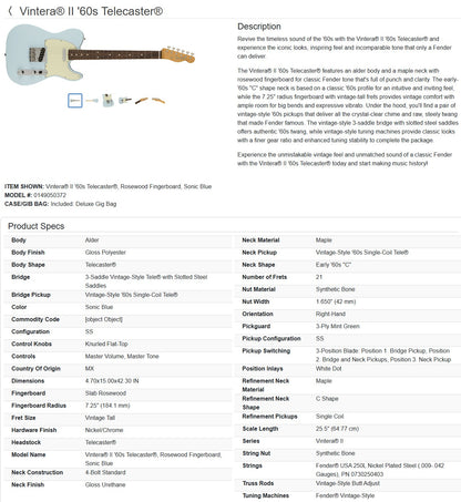 Fender Vintera II '60s Telecaster with Rosewood Fretboard 2023 - Sonic Blue