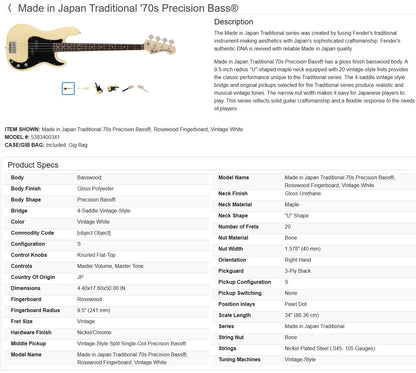 Fender Traditional '70s Precision Bass 2025 - Vintage White