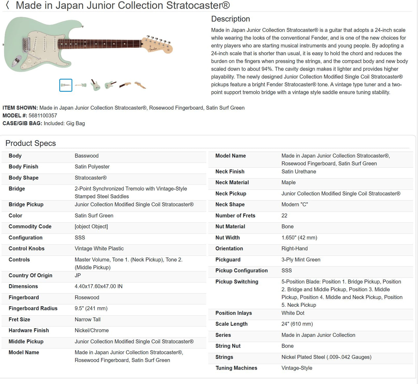 Fender MIJ Junior Collection Stratocaster 2022 - Satin Surf Green