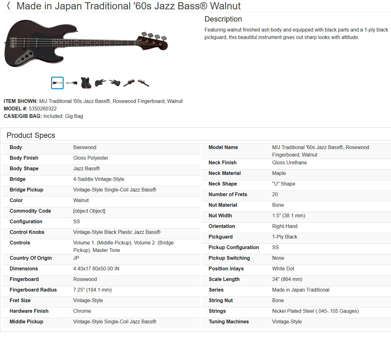 Fender MIJ Traditional '60s Jazz Bass 2019 - Walnut