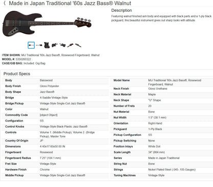 Fender MIJ Traditional '60s Jazz Bass 2019 - Walnut