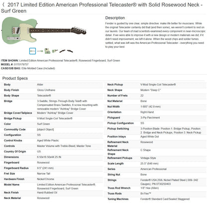 Fender Limited Edition American Professional Telecaster with Rosewood Neck 2017 - Surf Green