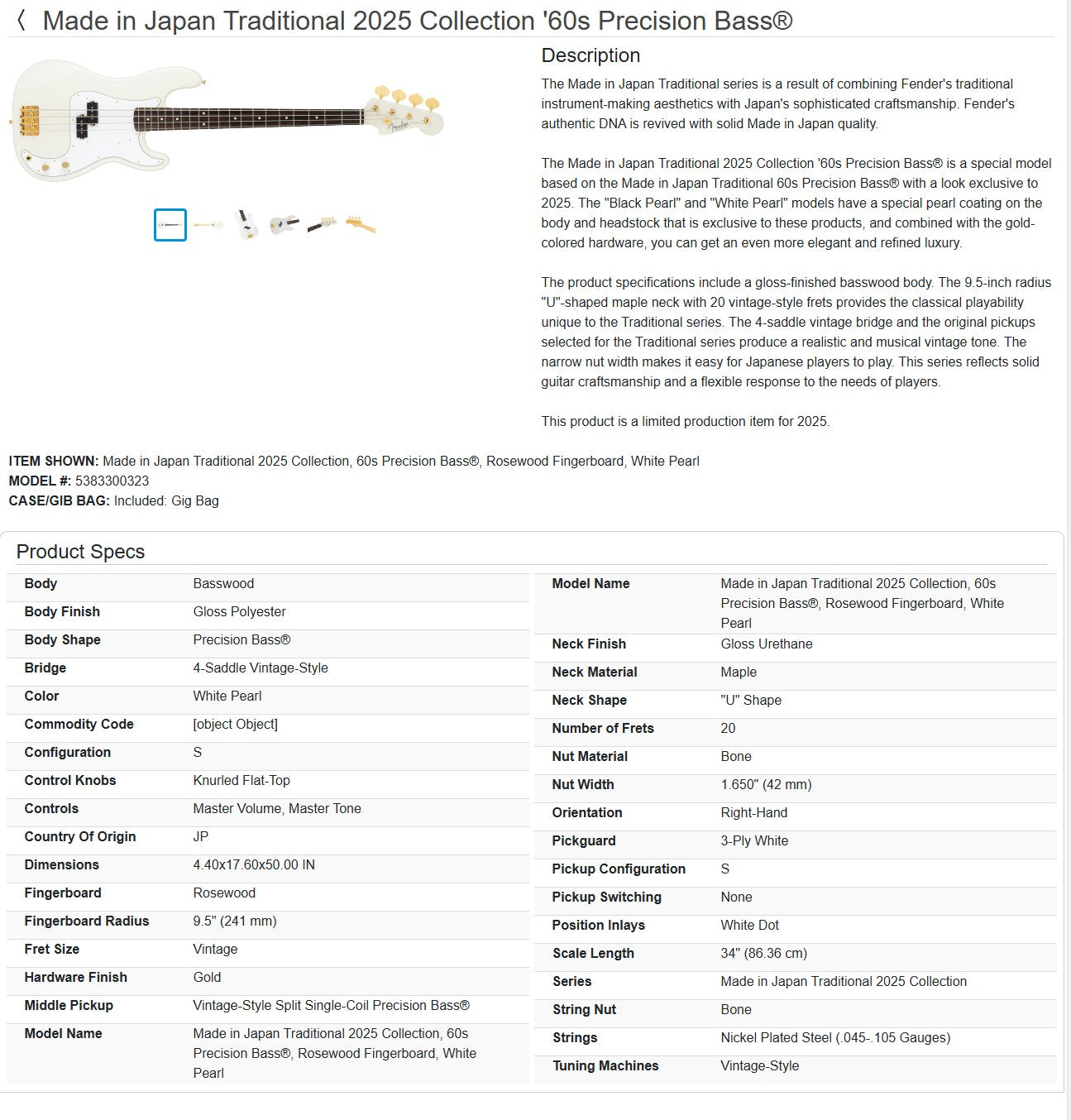 Fender MIJ Traditional '60s Precision Bass 2025 Collection 2025 - White Pearl