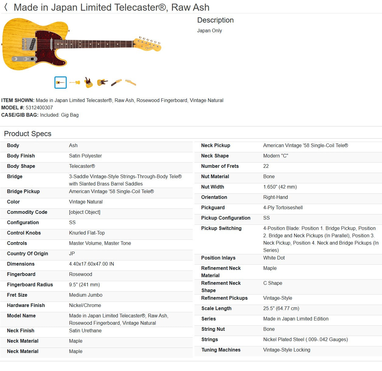 Fender Japan Limited Telecaster 2025 - Raw Ash