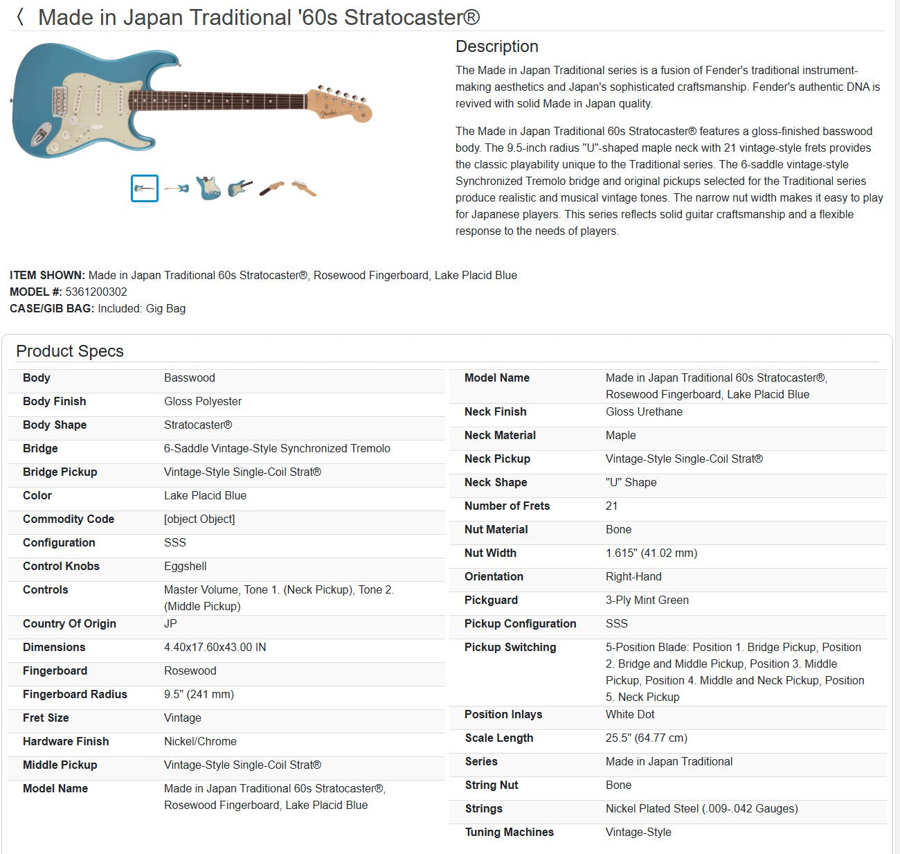 Fender MIJ Traditional II '60s Stratocaster 2025 - Lake Placid Blue