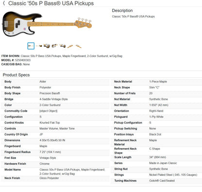 Fender Classic 50s Precision Bass MIJ with US pickups 2017 - Sunburst