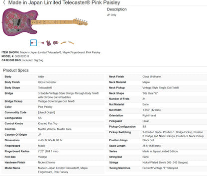 Fender Made in Japan Limited Telecaster 2025 - Pink Paisley