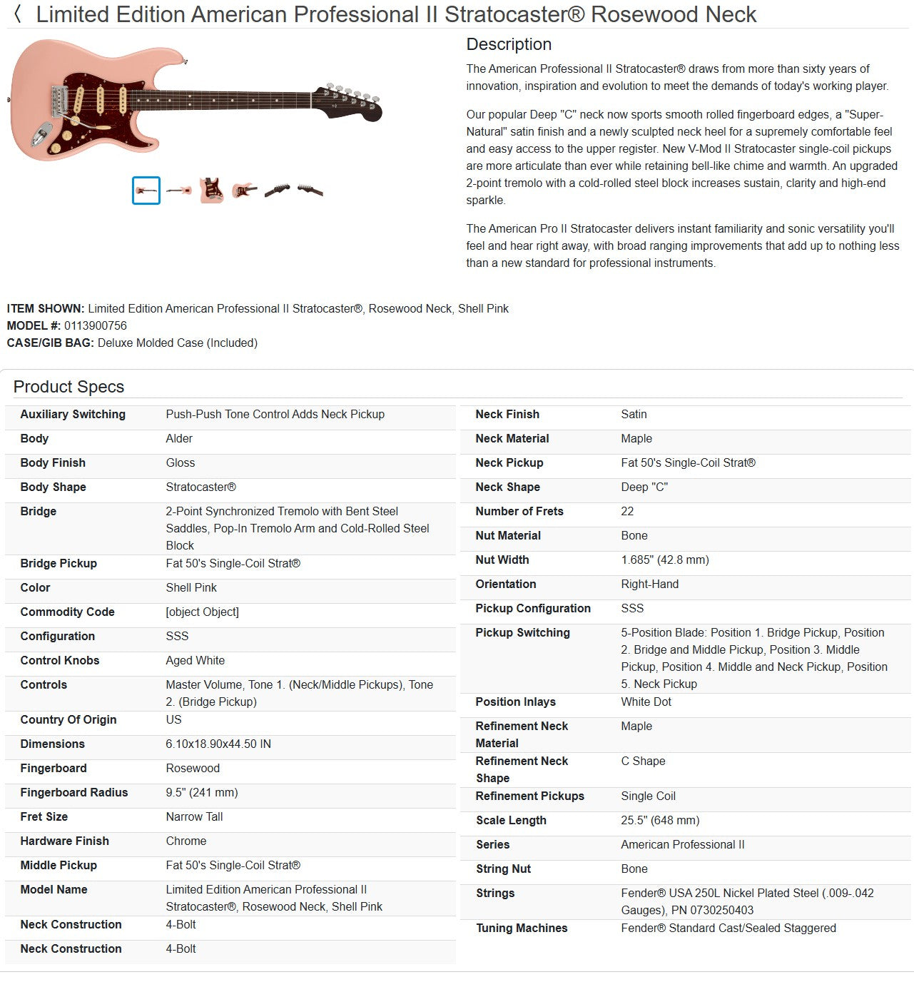 Fender American Professional II Stratocaster with Solid Rosewood Neck 2021 - Shell Pink